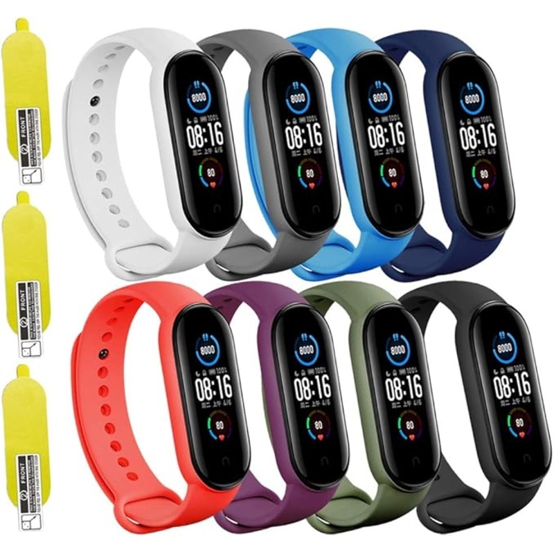 (8 PACK) Mi 5 & 6 Strap Replacement Bracelets with three FREE Screen Protectors , Skin-Friendly Soft & Flexible Silicone Mi 5 & 6 Strap Wristbands for Male and Female