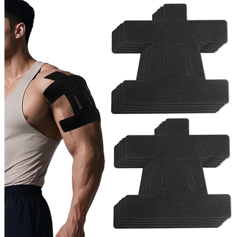 10pcs Kinesiology Tape for Shoulder, Waterproof Muscle Tape Precut Strips Breathable Elastic Pre Cut Athletic Accessories for Body Fitness Shoulder Support Sports & Physical Relaxation (Black)